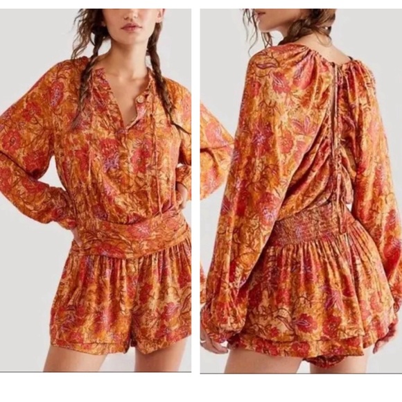 Free People Dresses & Skirts - FREE PEOPLE DANCE TILL DAWN LONG SLEEVE FLORAL PRINT ROMPER LARGE
